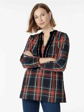 J.Crew Velvet-Trimmed Stewart Tartan Tunic Top
